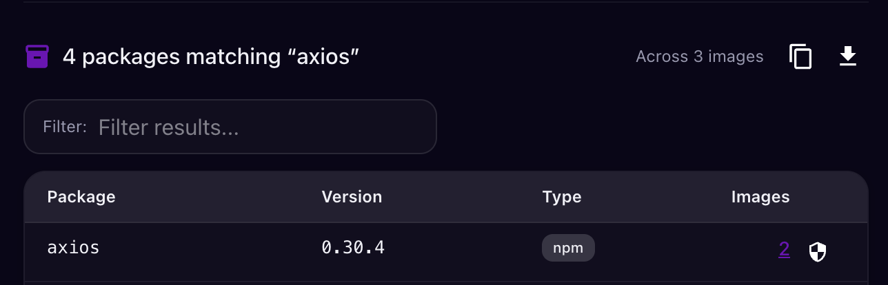 Juliet Explorer — results showing compromised axios 0.30.4 found across container images